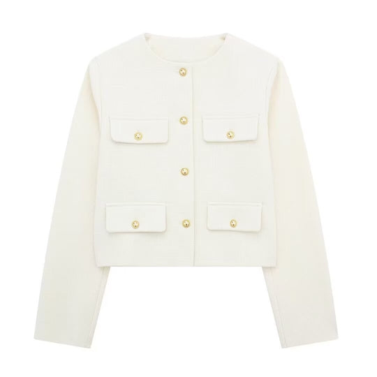 Damen Bouclé-Cropped-Jacke mit vier Pattentaschen und goldenen Schmuckknöpfen Nord Taschen