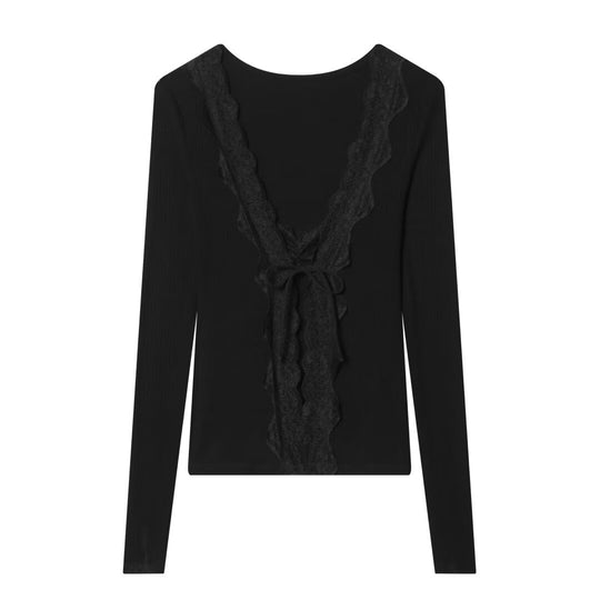 Damen Feines Rippstruktur-Longsleeve mit tiefem V‑Ausschnitt, breiter Spitzenblende und Zierband Nord Taschen