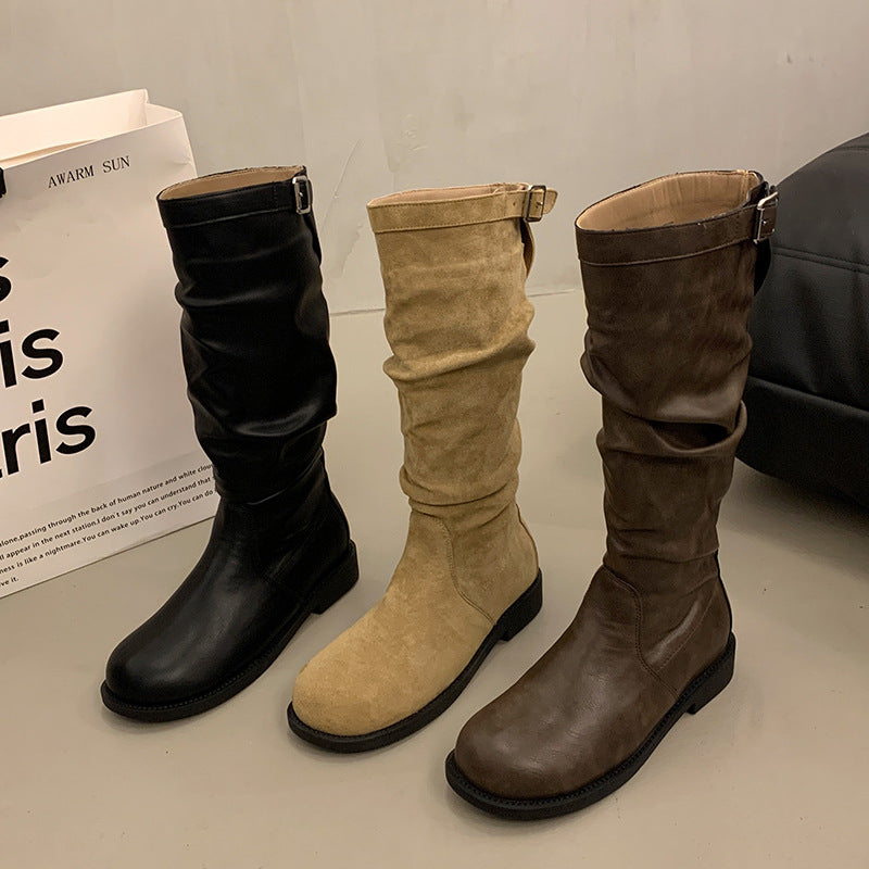 Damen Schaftstiefel aus Veloursleder mit gerafftem Schaft und verstellbarer Schnallenlasche Nord Taschen