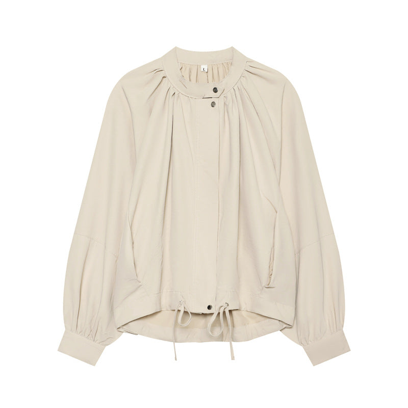 Damen Leichte Blouson-Jacke mit gerafftem Stehkragen, Ballonärmeln und Tunnelzug Nord Taschen