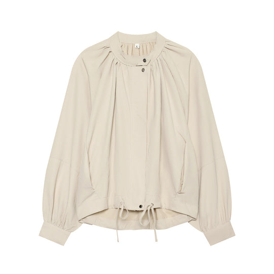 Damen Leichte Blouson-Jacke mit gerafftem Stehkragen, Ballonärmeln und Tunnelzug Nord Taschen