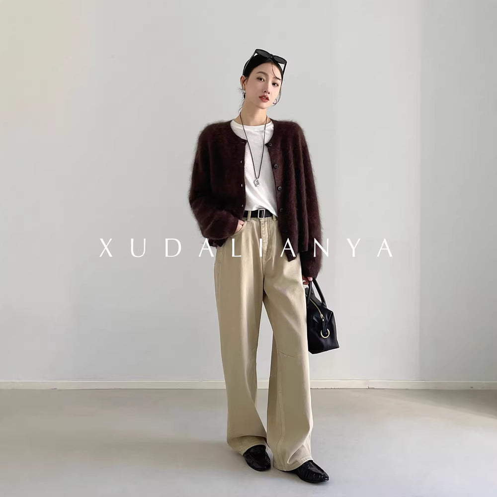 Damen Flauschiger Mohair-Optik V-Ausschnitt-Cardigan mit Knopfleiste Nord Taschen