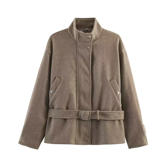 Damen Kurzjacke aus Wollmix mit Taillengürtel und Stehkragen Nord Taschen