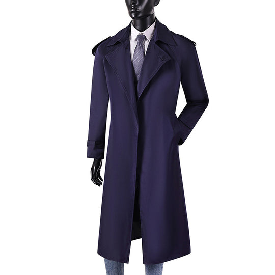 Herren eleganter knie- bis wadenlanger Trenchcoat mit verdeckter Knopfleiste und Schulterklappen Nord Taschen