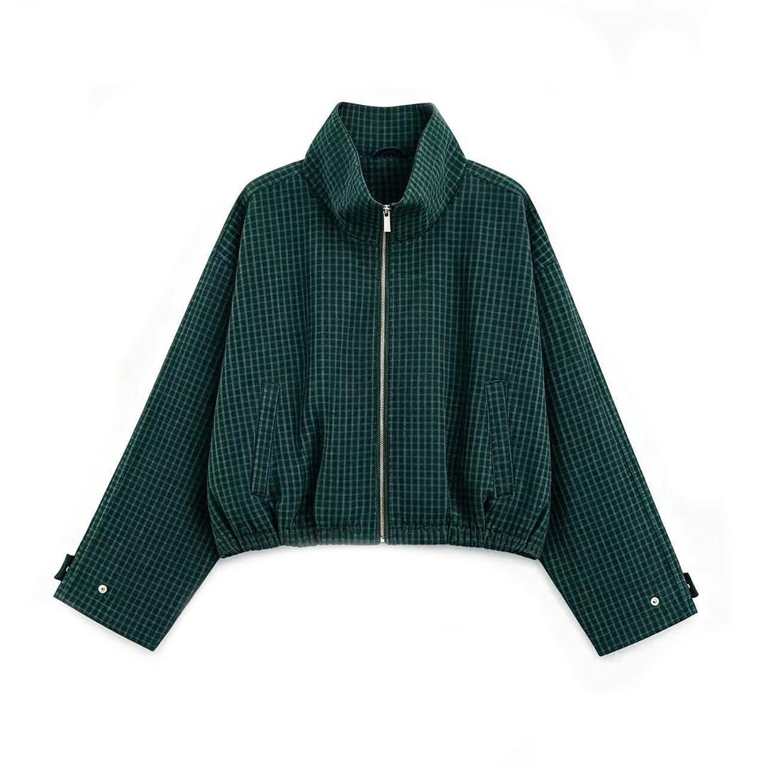 Damen Cropped Übergangsjacke mit hohem Funnelkragen, Karomuster und elastischem Saum Nord Taschen