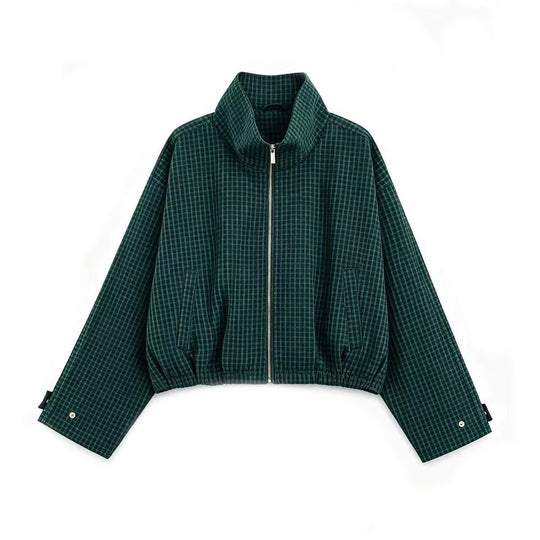 Damen Cropped Übergangsjacke mit hohem Funnelkragen, Karomuster und elastischem Saum Nord Taschen