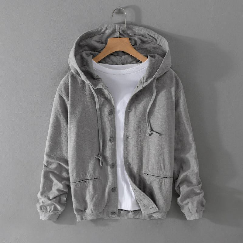 Herren Leichte Leinen-Hoodiejacke mit Knopfleiste und Kordelzug Nord Taschen
