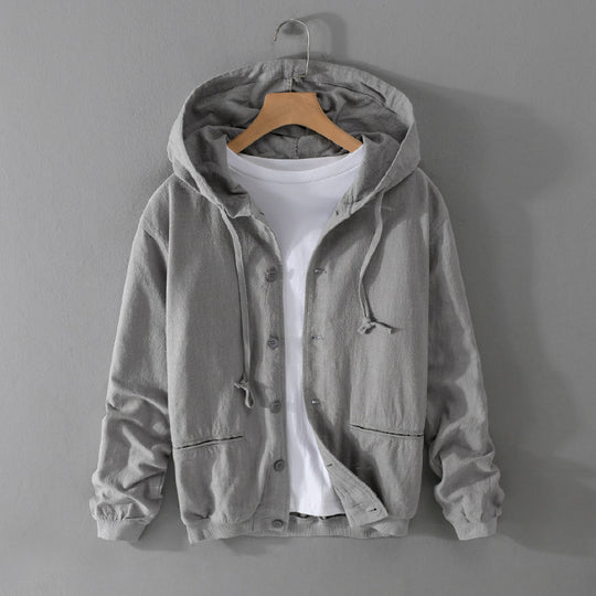 Herren Leichte Leinen-Hoodiejacke mit Knopfleiste und Kordelzug Nord Taschen