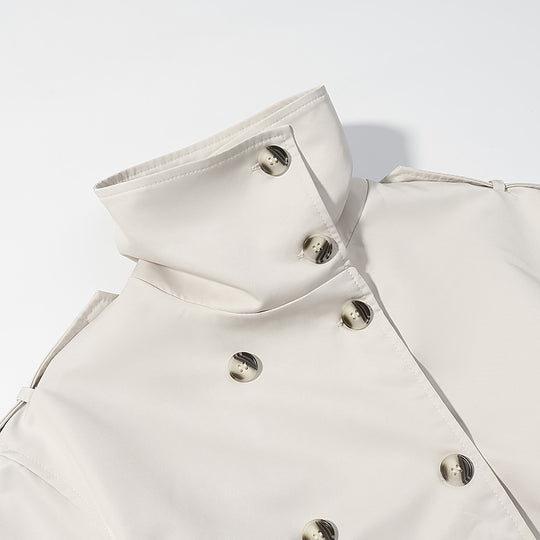 Damen Langer doppeltgereihter Trenchcoat mit hohem Stehkragen und Taillengürtel Nord Taschen