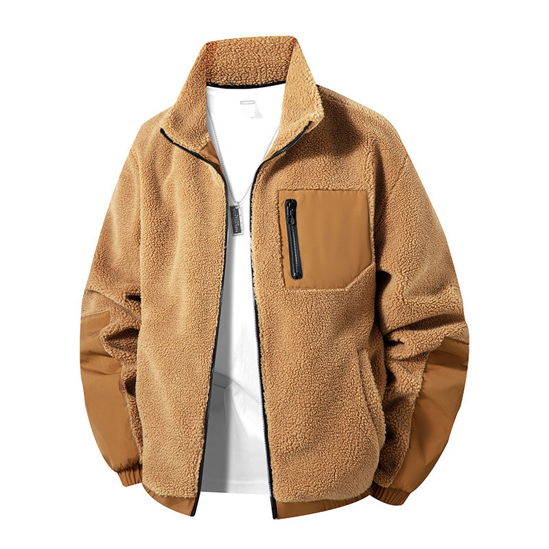 Herren Oversize Teddy-Fleecejacke mit Kontrast-Nylonbesätzen und Stehkragen Nord Taschen