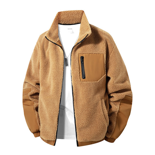 Herren Oversize Teddy-Fleecejacke mit Kontrast-Nylonbesätzen und Stehkragen Nord Taschen