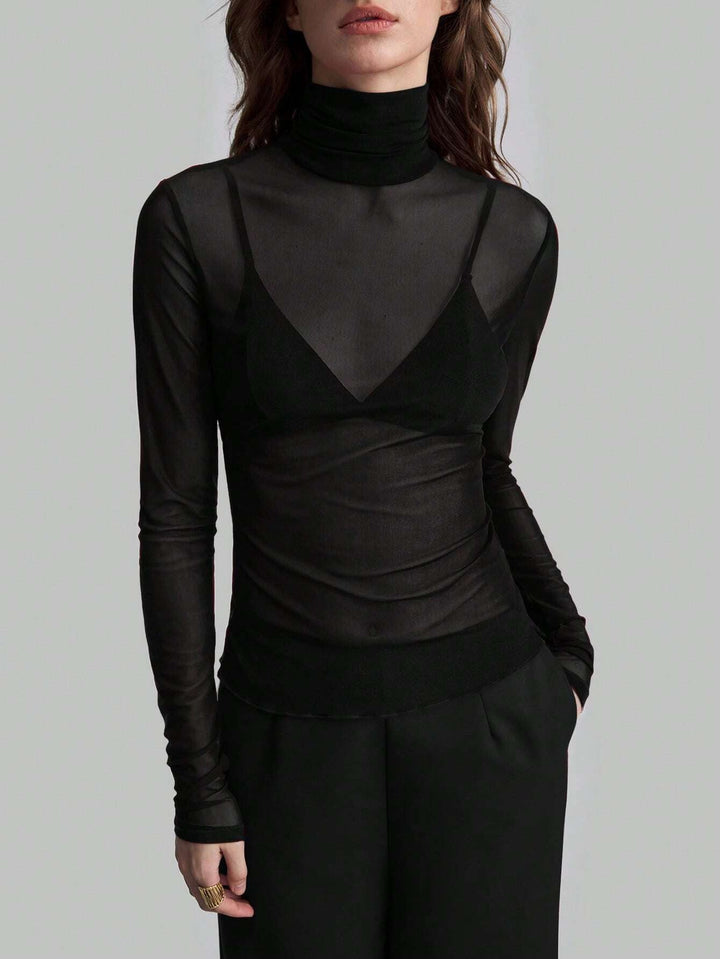 Damen Transparente Turtleneck-Bluse mit figurformendem Schnitt Nord Taschen