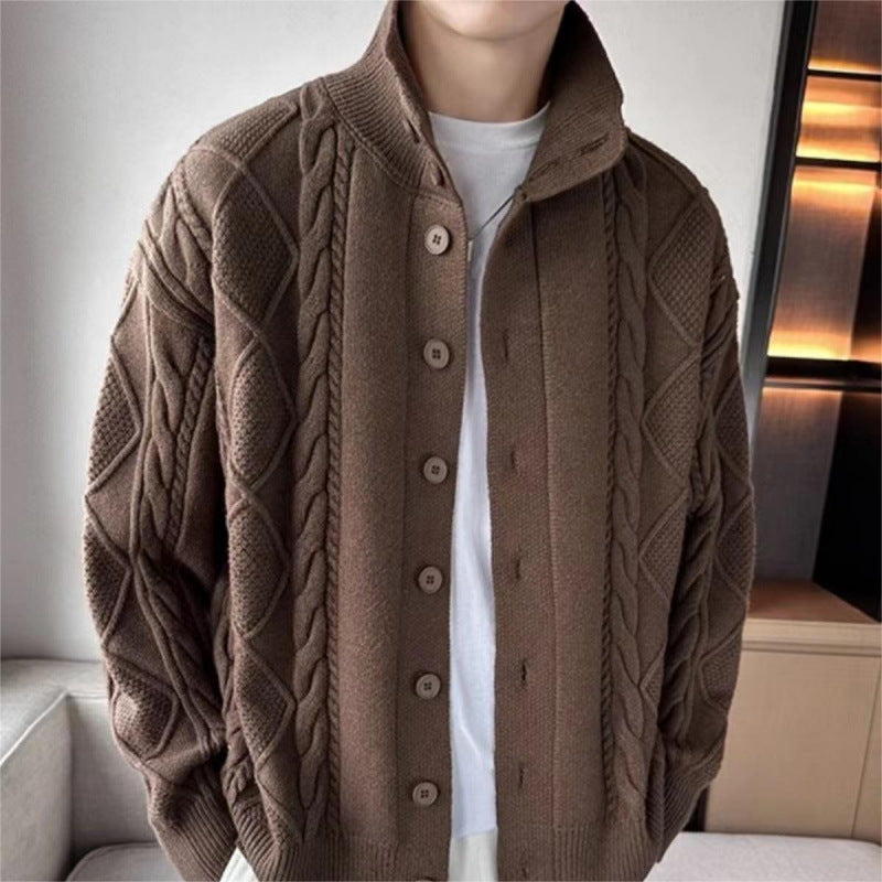 Herren Lockere Strick-Cardigan mit hohem Stehkragen und Zopfmuster Nord Taschen