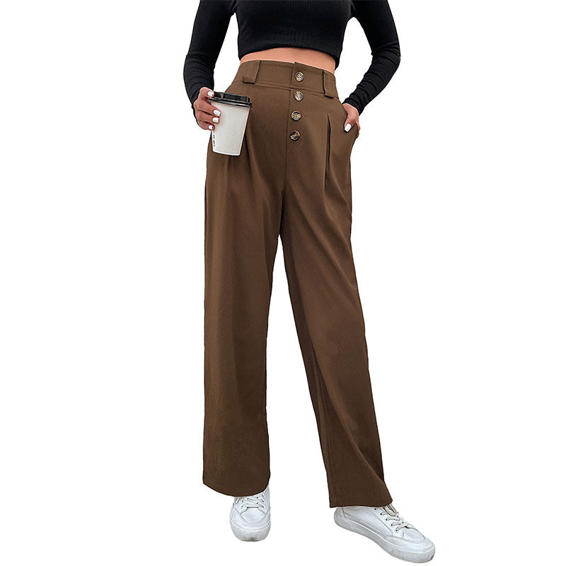 Damen Hochtaillierte weite Stoffhose mit Zierknopfleiste und Bundfalten Nord Taschen