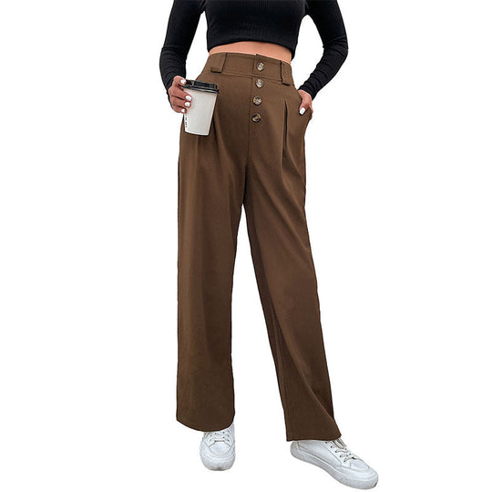 Damen Hochtaillierte weite Stoffhose mit Zierknopfleiste und Bundfalten Nord Taschen
