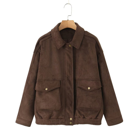 Damen Oversize Wildlederoptik-Bomberjacke mit Pattentaschen und elastischem Saum Nord Taschen