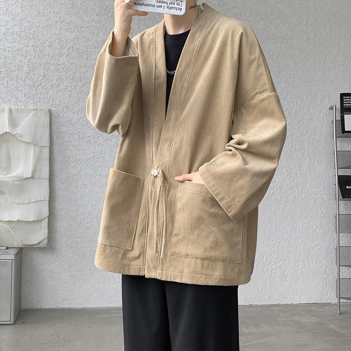 Herren oversized Cord-Kimono-Cardigan mit Kordelzug, aufgesetzten Taschen und Tropfenärmeln Nord Taschen