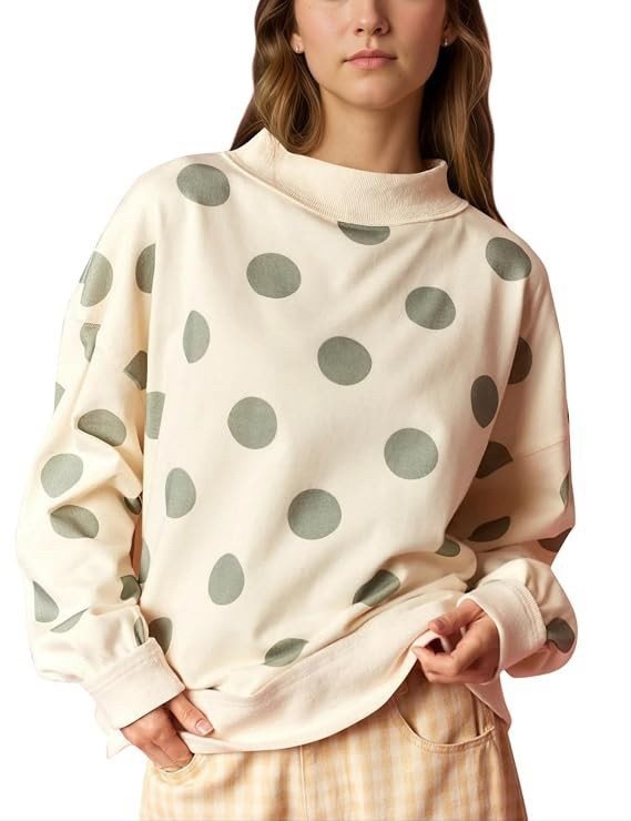 Damen Locker geschnittenes Sweatshirt mit Stehkragen und großen Punkten Nord Taschen