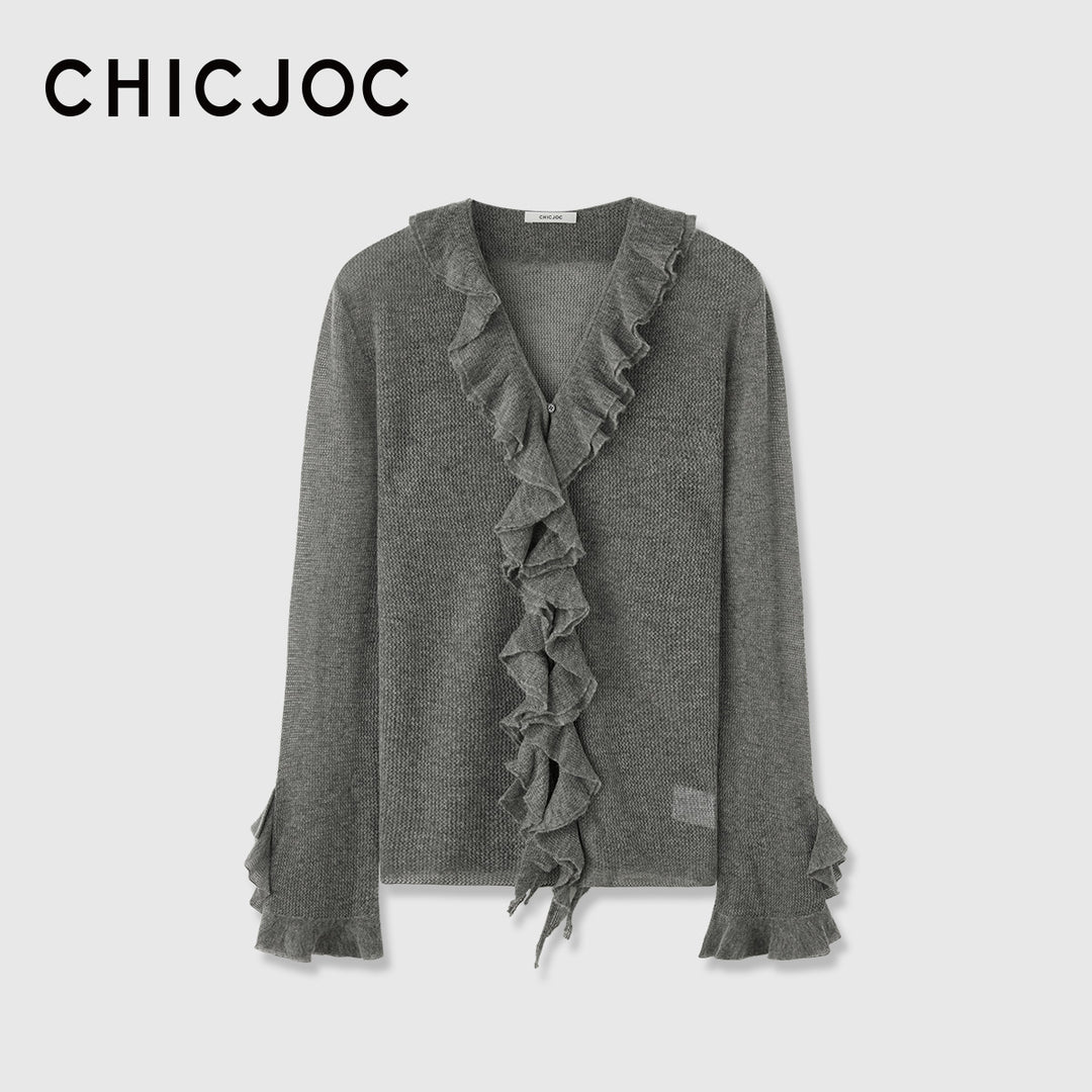 Damen Rüschen-Strickcardigan mit V-Ausschnitt und Volantärmeln Nord Taschen