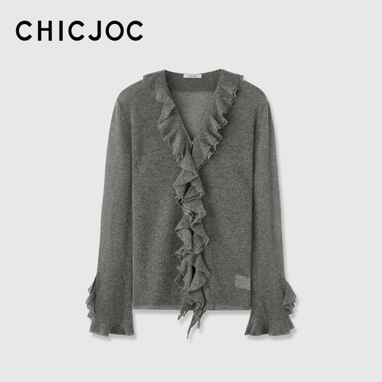 Damen Rüschen-Strickcardigan mit V-Ausschnitt und Volantärmeln Nord Taschen