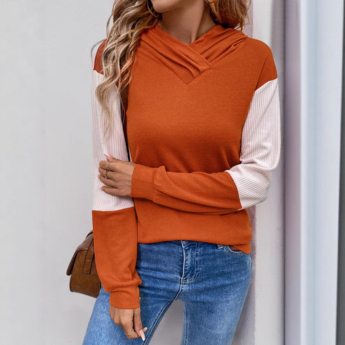 Damen Lässiger Kapuzenpullover mit V‑Kragen, Kontrastärmeln und Rippbündchen Nord Taschen