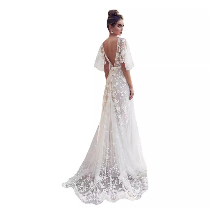 Damen Elegantes Maxikleid mit floralem Spitzenmuster und sanften Ärmeln