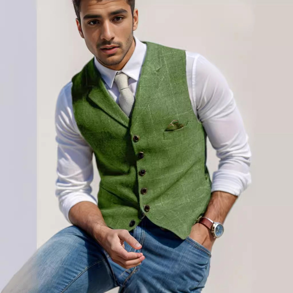 Herren Tweed-Weste im Vintage-Stil mit Revers, Brusttasche und Zierkettendetail Nord Taschen