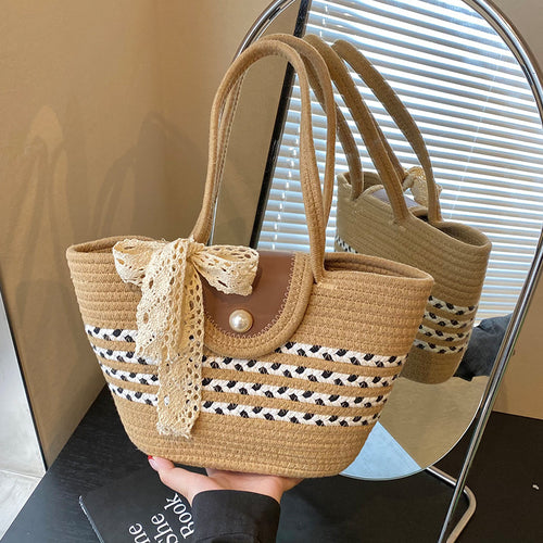 Damen Jute-Handtasche mit dekorativem Spitzenband Nord Taschen