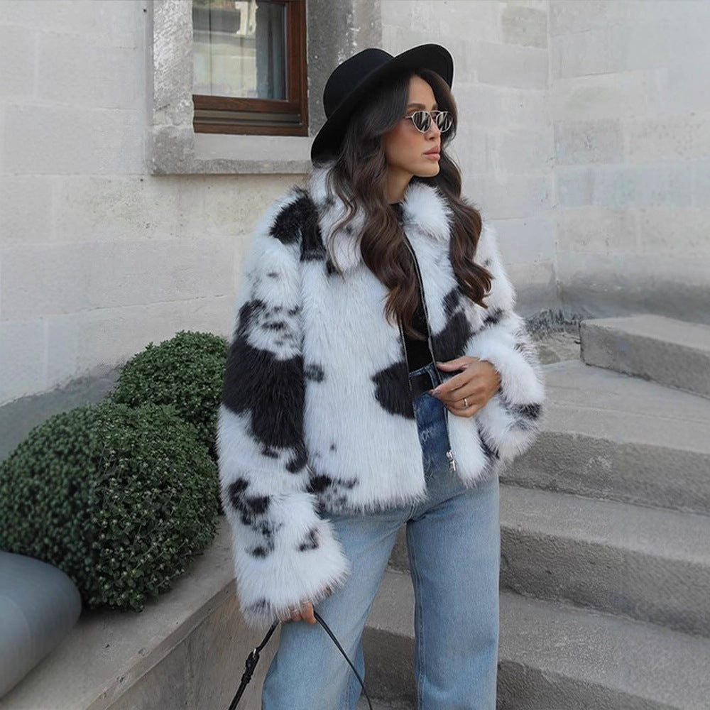 Damen Kurz geschnittener Faux‑Fur‑Bomber mit Fleckenmuster Nord Taschen