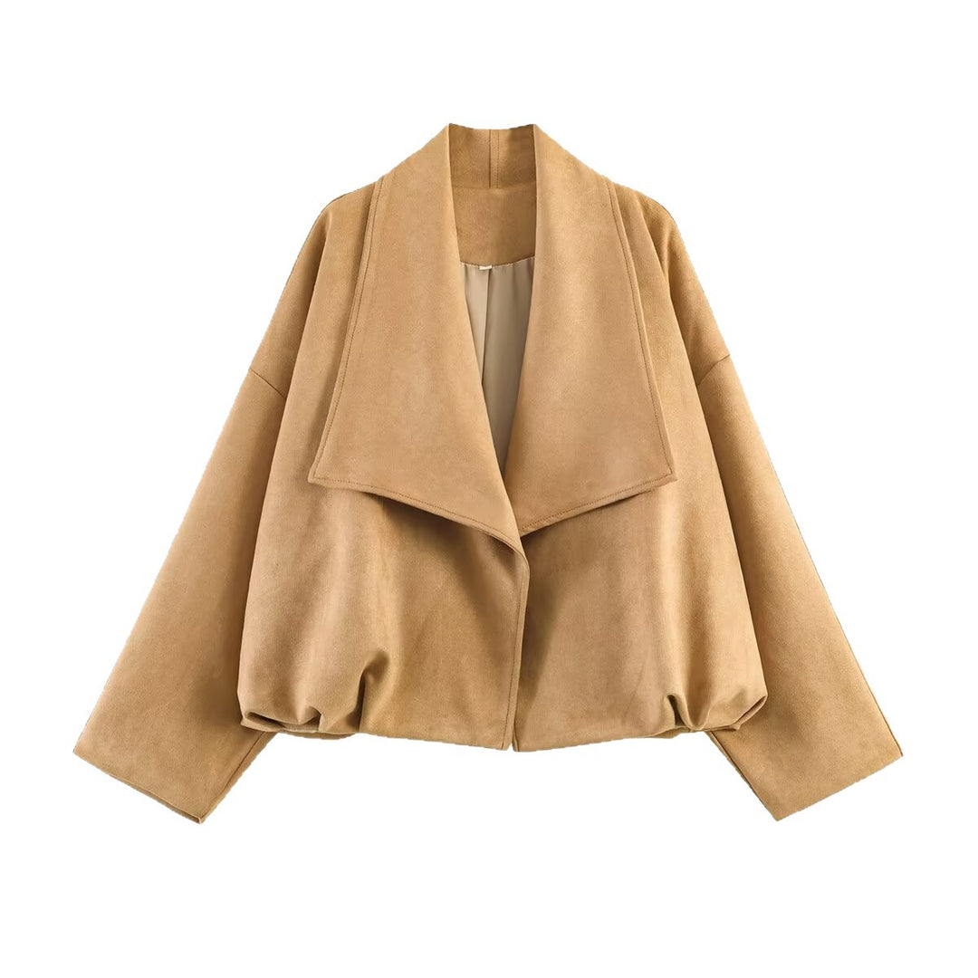Damen Cropped-Boxy-Jacke in Wildlederoptik mit breitem Schalkragen und gerafftem Saum Nord Taschen