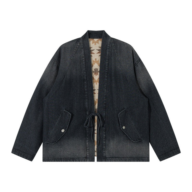 Unisex Jeans-Kimonojacke mit Bindegürtel und gemusterter Futterung Nord Taschen