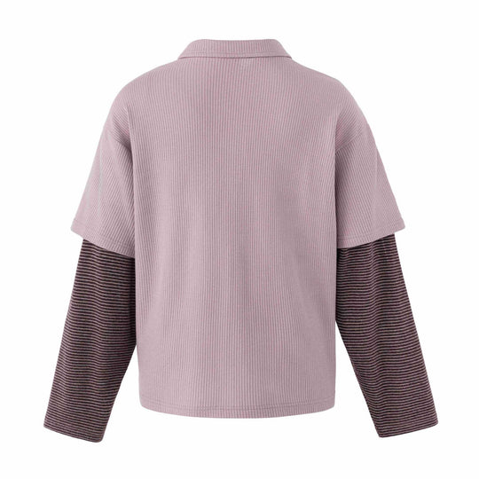 Damen Lässiges Layered-Polo-Shirt mit Rippenstruktur und gestreiften Einsatzärmeln Nord Taschen