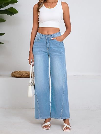 Damen High-Waist Weitbein-Jeans mit hohem Bund und lässiger Vintage-Waschung Nord Taschen