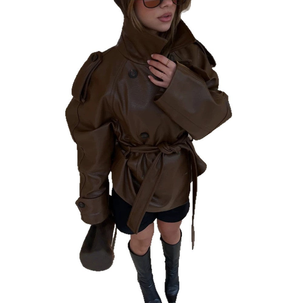 Damen Kurz geschnittener Oversize Lederimitat-Trench mit Taillengürtel und Epauletten Nord Taschen