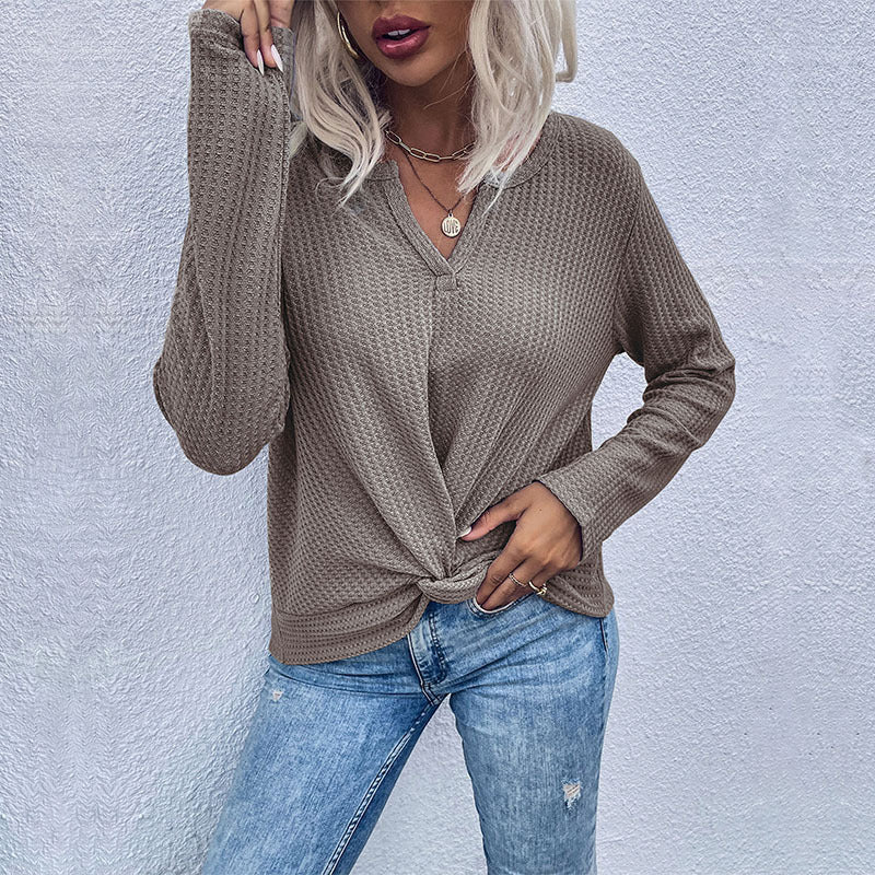 Damen Waffelstrick-Longsleeve mit V‑Ausschnitt und Knotenfront Nord Taschen