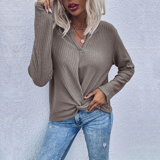 Damen Waffelstrick-Longsleeve mit V‑Ausschnitt und Knotenfront Nord Taschen