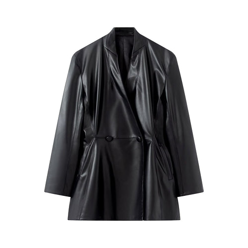 Damen Langer taillierter Blazer‑Mantel aus veganer Lederoptik mit fallendem Schalkragen und Doppelknopf-Leiste Nord Taschen