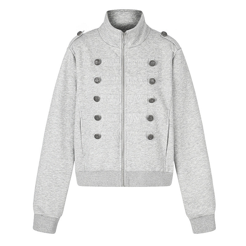 Damen kurze Sweatjacke mit Stehkragen, Doppelknopf-Detail und Reißverschluss Nord Taschen