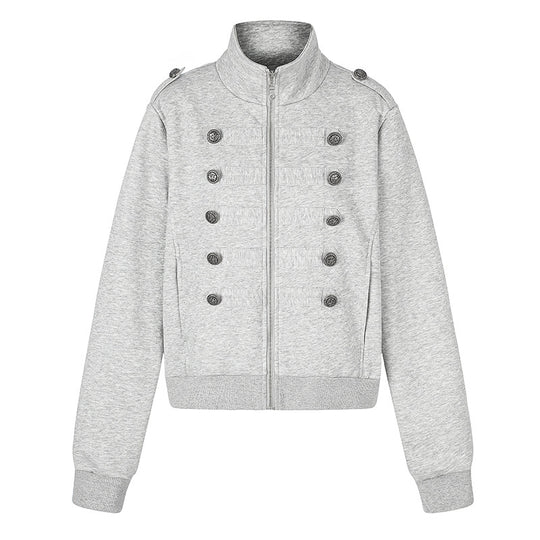 Damen kurze Sweatjacke mit Stehkragen, Doppelknopf-Detail und Reißverschluss Nord Taschen