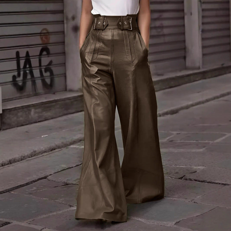 Damen weite High-Waist Palazzo-Hose aus Lederimitat mit Breitbund Nord Taschen