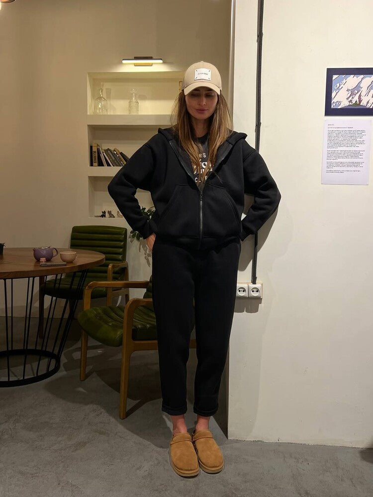 Damen lässiges Fleece-Zweiteiler mit Oversize-Kapuzenjacke und tapered Joggerhose Nord Taschen