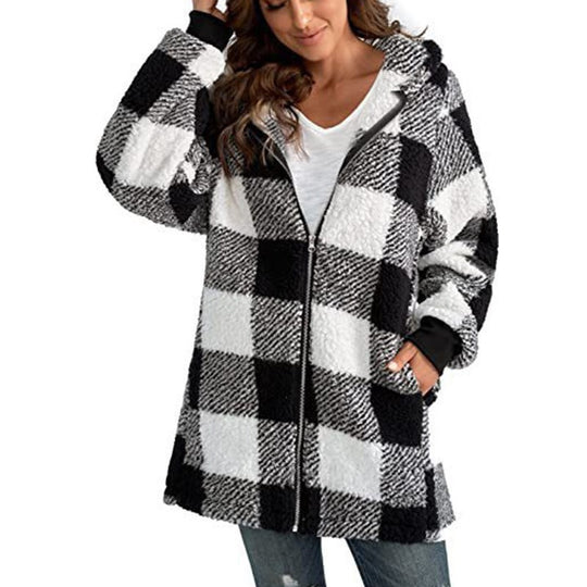 Damen Kariertes Teddy-Fleece-Mantel mit Kapuze und Reißverschluss Nord Taschen