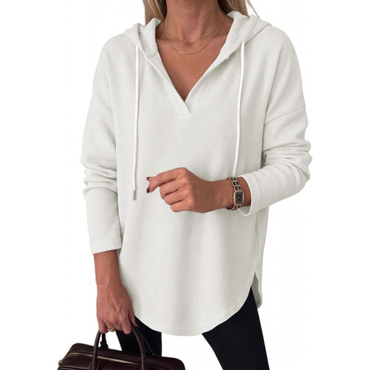 Damen Waffelstrick-Kapuzenpullover mit V-Ausschnitt, Oversize-Schnitt und Seitenschlitzen Nord Taschen