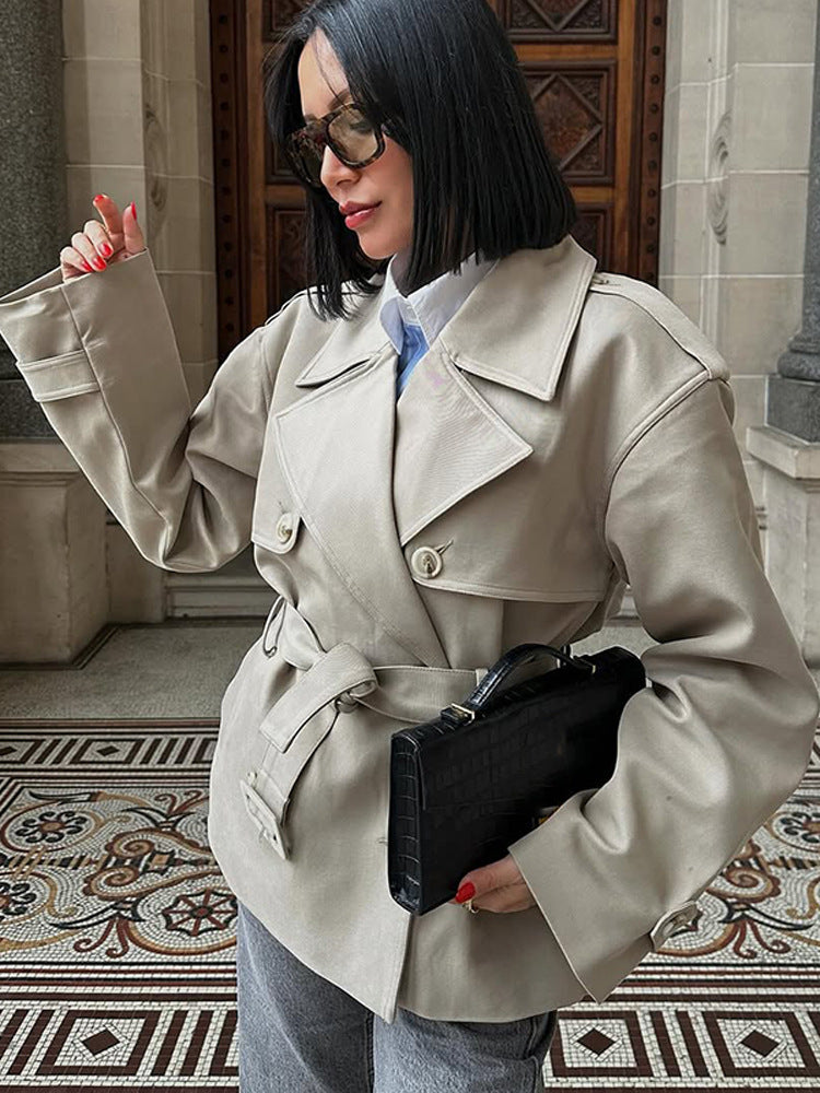 Damen Kurzjacke im Trench-Stil mit taillierendem Bindegürtel und weitem Ärmel Nord Taschen