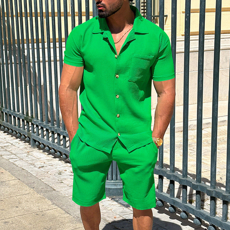 Herren nan lässiges zweiteiliges Freizeitset aus geripptem Jersey mit Hemdkragen Knopfleiste und Shorts