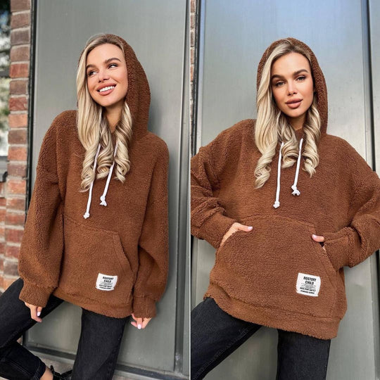 Damen Kuscheliger Teddy-Hoodie mit Kapuze, Kängurutasche und Oversize-Schnitt Nord Taschen