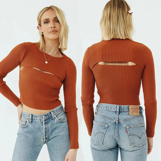 Damen Kurz geschnittenes Rippstrick-Top mit asymmetrischen Cut-Outs und Rundhalsausschnitt Nord Taschen