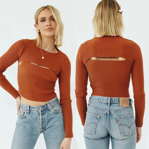 Damen Kurz geschnittenes Rippstrick-Top mit asymmetrischen Cut-Outs und Rundhalsausschnitt Nord Taschen
