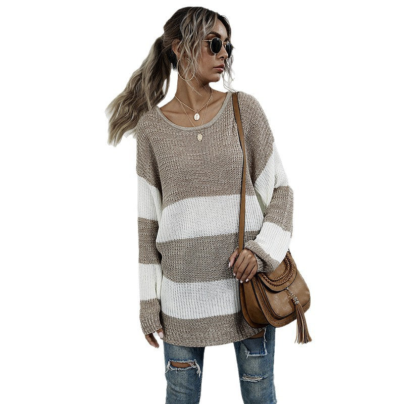 Damen Lässiger Strickpullover mit Blockstreifen Nord Taschen