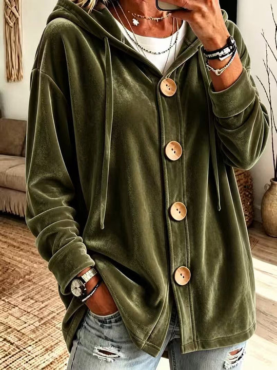 Damen Oversize Kapuzen-Samtjacke mit großen Holzknöpfen und weichem Veloursfutter Nord Taschen